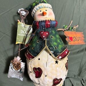 Holiday Time Metal Snowman Tealight Holder Shovel And Sign Christmas Decor